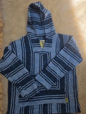 Men's Hooded Baja Sweater in Light and Dark Blue Stripes
